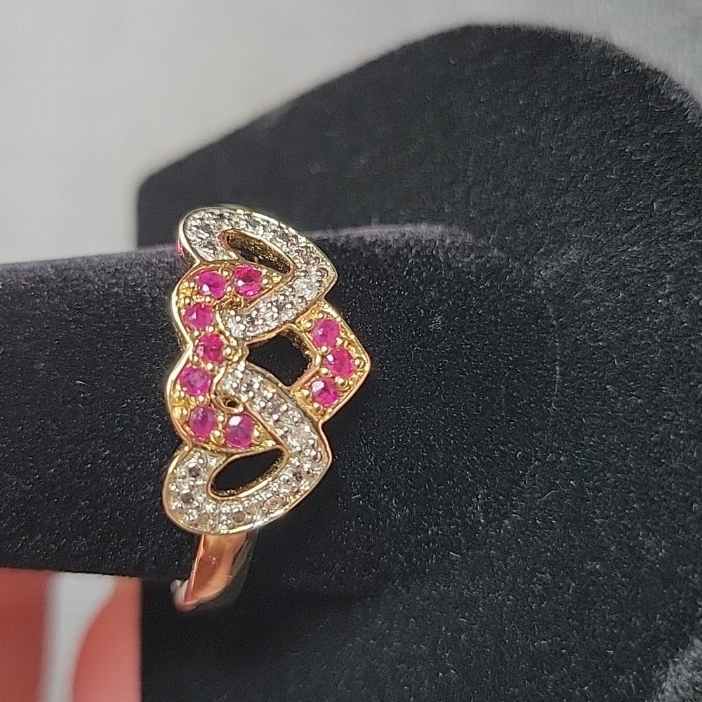Vintage Gold Plated Sterling Silver 925 Ruby & Diamond 3 Heart Intertwined SZ:12